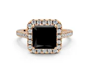 Halo Engagement Ring Setting for Fancy Black Princess Cut Center with Narrowing Pave Band and Prong Head in Rose Gold