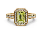 Milgrain Halo Engagement Ring Setting for Fancy Yellow Emerald Cut Center with Wide Pave Band and Prong Head in Yellow Gold