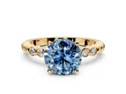 Solitaire Engagement Ring Setting for Fancy Blue Round Cut Center with Bezel-Dot Beaded Band and Prong Head in Yellow Gold