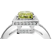 Halo Engagement Ring Setting for Fancy Yellow Radiant Cut Center with Metal-Rimmed Halo, Pave Band and Prong Head in Platinum
