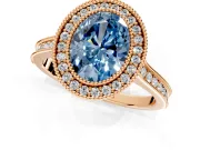 Halo Engagement Ring Setting for Fancy Blue Oval Center with Milgrain Pave Band and Bezel Head in Rose Gold
