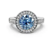 Milgrain Halo Engagement Ring Setting for Fancy Blue Round Cut Center with Pave Band and Prong Head in White Gold