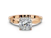 Solitaire Engagement Ring Setting for Cushion Cut Center with Carved Leaf Shoulders and Prong Head in Rose Gold
