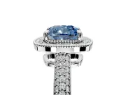 Milgrain Halo Engagement Ring Setting for Fancy Blue Cushion Cut Center with Three-Sided Pave Band and Prong Head in Platinum