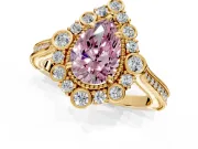Milgrain Halo Engagement Ring Setting for Fancy Pink Pear-Shaped Center with Bezel Point Accents and Prong Head in Yellow Gold