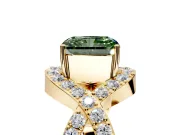 Halo Engagement Ring Setting for Fancy Green Radiant Cut Center with Pave Infinity Twist Band and Prong Head in Yellow Gold