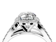 Halo Engagement Ring Setting for Oval Center with Narrow Pave Split Shank and Prong Head in Platinum
