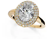 Halo Engagement Ring Setting for Oval Center with Plain Tapered Band and Prong Head in Yellow Gold