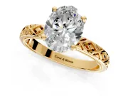 Solitaire Engagement Ring Setting for Oval Center with Milgrain X Pattern Band and Prong Head in Yellow Gold