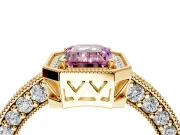 Milgrain Halo Engagement Ring Setting for Fancy Pink Emerald Cut Center with Wide Pave Band and Prong Head in Yellow Gold