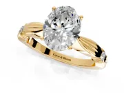 Solitaire Engagement Ring Setting for Oval Center with Carved Leaf Shoulders and Prong Head in Yellow Gold