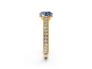Solitaire Engagement Ring Setting for Fancy Blue Round Cut Center with Engraved Pave Band and Prong Head in Yellow Gold