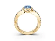 Halo Engagement Ring Setting for Fancy Blue Cushion Cut Center with Wide-Open Pave Split Shank and Prong Head in Yellow Gold