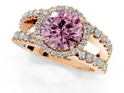 Halo Engagement Ring Setting for Fancy Pink Round Cut Center with Wide-Open Pave Split Shank and Prong Head in Rose Gold