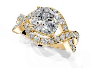 Halo Engagement Ring Setting for Cushion Cut Center with Pave Infinity Twist Band and Prong Head in Yellow Gold