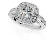 Halo Engagement Ring Setting for Cushion Cut Center with Framed Halo, Pave Band and Prong Head in Sterling Silver