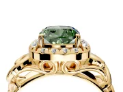 Halo Engagement Ring Setting for Fancy Green Cushion Cut Center with Open Scroll Shoulders and Prong Head in Yellow Gold