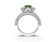 Pave Engagement Ring Setting for Fancy Green Cushion Cut Center with Curved Accent Rows, Openwork and Prong Head in White Gold