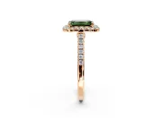 Halo Engagement Ring Setting for Fancy Green Emerald Cut Center with Narrowing Pave Band and Prong Head in Rose Gold