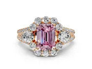 Halo Engagement Ring Setting for Fancy Pink Emerald Cut Center with Two-Strand Split Shank and Prong Head in Rose Gold