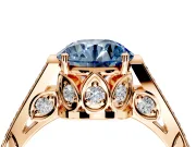 Cathedral Engagement Ring Setting for Fancy Blue Round Cut Center with Antique-Style Pave Band and Prong Head in Rose Gold