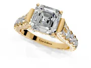 Solitaire Engagement Ring Setting for Asscher Cut Center with Pave Cathedral Shoulders and Prong Head in Yellow Gold