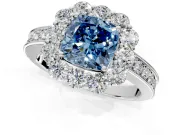 Halo Engagement Ring Setting for Fancy Blue Cushion Cut Center with Milgrain Channel Band and Prong Head in White Gold