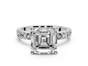 Solitaire Engagement Ring Setting for Asscher Cut Center with XO Engraved Band and Prong Head in White Gold