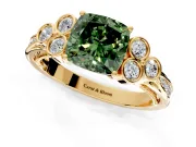 Cluster Engagement Ring Setting for Fancy Green Cushion Cut Center with Bezel Accent Clusters and Prong Head in Yellow Gold