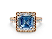 Milgrain Floral Halo Engagement Ring Setting for Fancy Blue Asscher Cut Center with Pave Band and Prong Head in Rose Gold