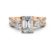 3 Stone Engagement Ring Setting for Emerald Cut Center with Pave Split Shank and Prong Head in Rose Gold