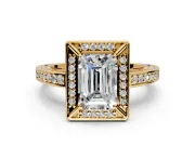 Halo Engagement Ring Setting for Emerald Cut Center with Framed Halo, Pave Band and Prong Head in Yellow Gold