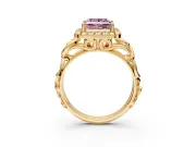 Halo Engagement Ring Setting for Fancy Pink Princess Cut Center with Open Scroll Shoulders and Prong Head in Yellow Gold