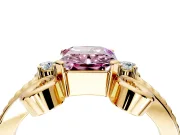 Solitaire Engagement Ring Setting for Fancy Pink Radiant Cut Center with Twisted Band and Scroll Prong Head in Yellow Gold