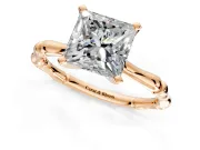 Solitaire Engagement Ring Setting for Princess Cut Center with Bamboo Band and Prong Head in Rose Gold