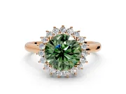 Starburst Halo Engagement Ring Setting for Fancy Green Round Cut Center with Thin Round-Wire Band and Prong Head in Rose Gold