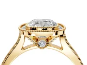 Halo Engagement Ring Setting for Cushion Cut Center with Milgrain Pave Band and Bezel Head in Yellow Gold
