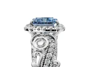 Milgrain Halo Engagement Ring Setting for Fancy Blue Radiant Cut Center with Shoulder Bezels and Prong Head in Platinum