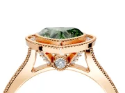 Halo Engagement Ring Setting for Fancy Green Heart-Shaped Center with Milgrain Pave Band and Bezel Head in Rose Gold