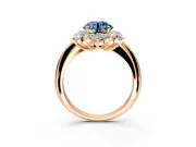 Small-Accent Cluster Halo Engagement Ring Setting for Fancy Blue Round Cut Center with Plain Band and Prong Head in Rose Gold