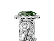 Milgrain Halo Engagement Ring Setting for Fancy Green Oval Center with Shoulder Bezels and Prong Head in Platinum
