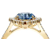 Sunburst Halo Engagement Ring Setting for Fancy Blue Round Cut Center with Pave Band and Prong Head in Yellow Gold