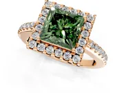 Pave Halo Engagement Ring Setting for Fancy Green Princess Cut Center with Single Row Pave Band and Prong Head in Rose Gold