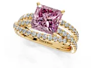 Solitaire Engagement Ring Setting for Fancy Pink Princess Cut Center with Woven 3-Strand Pave Band and Prong Head in Yellow Gold