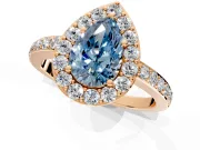 Halo Engagement Ring Setting for Fancy Blue Pear-Shaped Center with Heart-Shaped Openwork, Pave Band and Prong Head in Rose Gold
