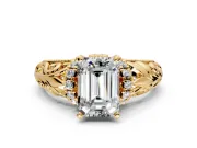 Solitaire Engagement Ring Setting for Emerald Cut Center with Filigree Accent Basket and Prong Head in Yellow Gold