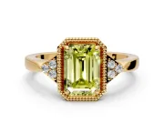 Cluster Engagement Ring Setting for Fancy Yellow Emerald Cut Center with Milgrain Shoulder Clusters and Prong Head in Yellow Gold