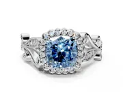 Halo Engagement Ring Setting for Fancy Blue Cushion Cut Center with Leaf Motif Split Shank and Prong Head in Sterling Silver