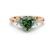 3 Stone Engagement Ring Setting for Fancy Green Heart-Shaped Center with Wide Plain Band and Prong Head in Rose Gold