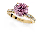 Solitaire Engagement Ring Setting for Fancy Pink Round Cut Center with Fine Pave Band and Claw Prong Head in Yellow Gold
